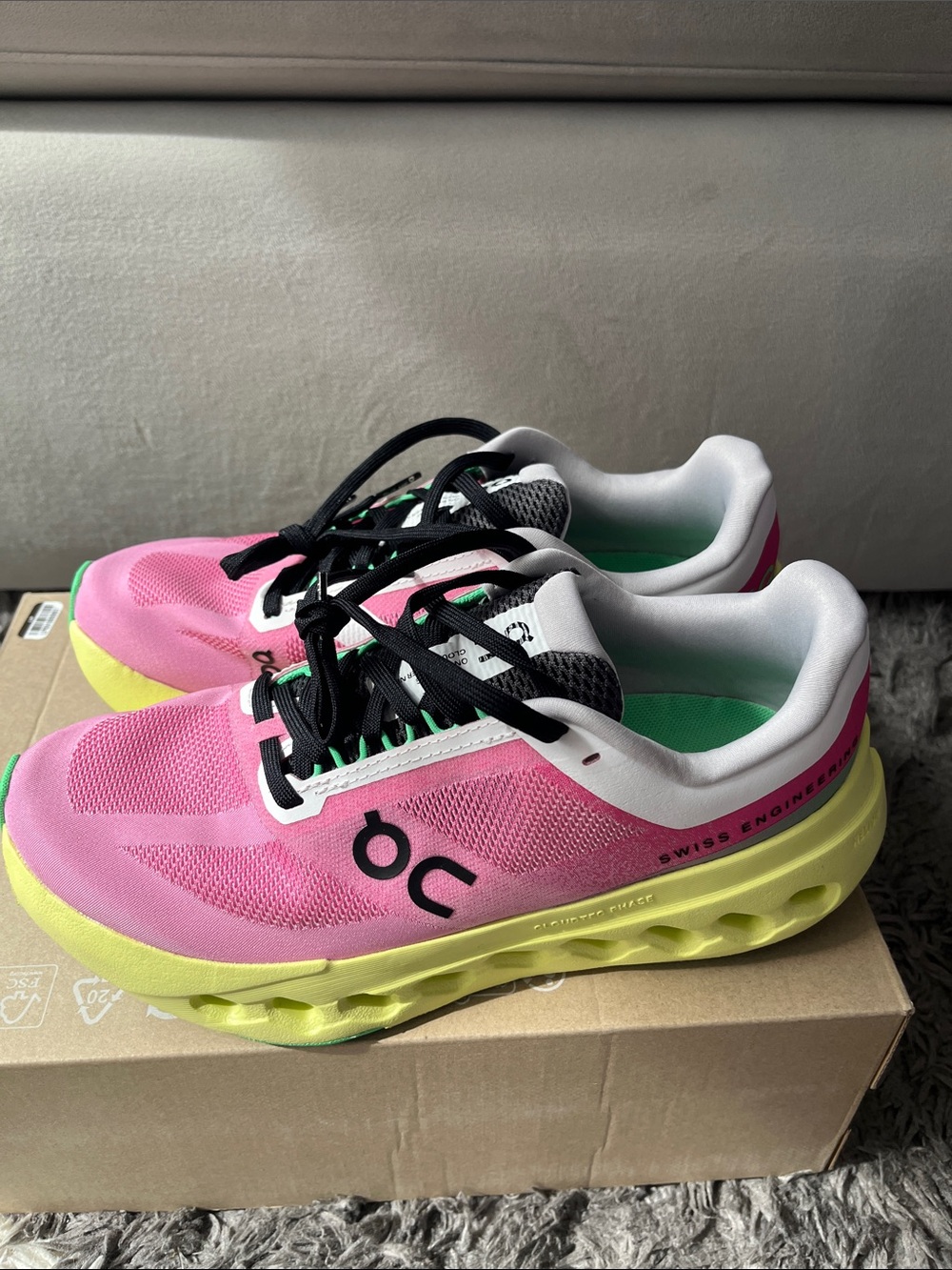 On running cloudsurfer next sneaker. Pink. Limelight. Womens US size 7. New.